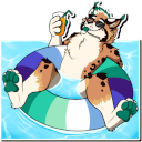 An anthropomorphic bobcat wearing sunglasses is lazily floating in an inner tube, holding a drink.